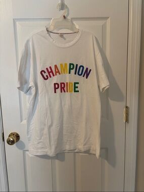Champion White Tee with Rainbow CHAMPION PRIDE Logo